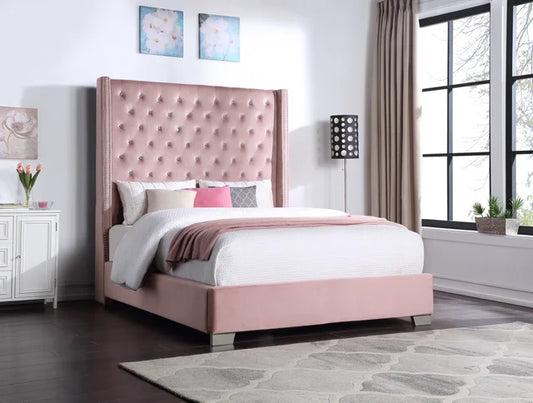 6ft Pink Velvet Diamond Bed- Queen, King HH321