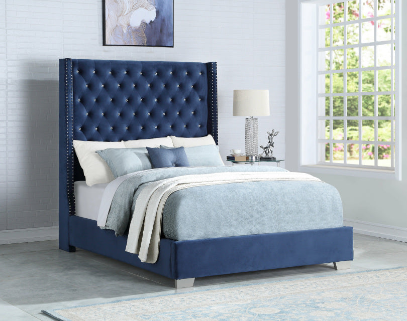 6ft Blue Velvet Diamond Bed - Queen, King HH327