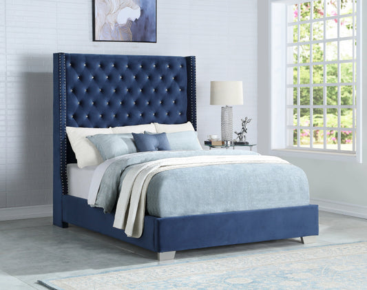 6ft Blue Velvet Diamond Bed - Queen, King HH327