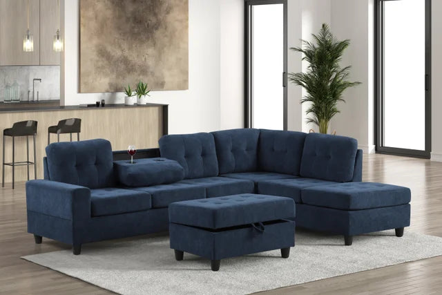 Heights Reversible Sectional + Ottoman Performance Fabric (Water Resistant) Navy Blue
