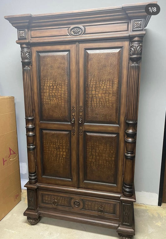 Pre Owned Beautiful Armoire / Entertainment Cabinet with Embossed Leather