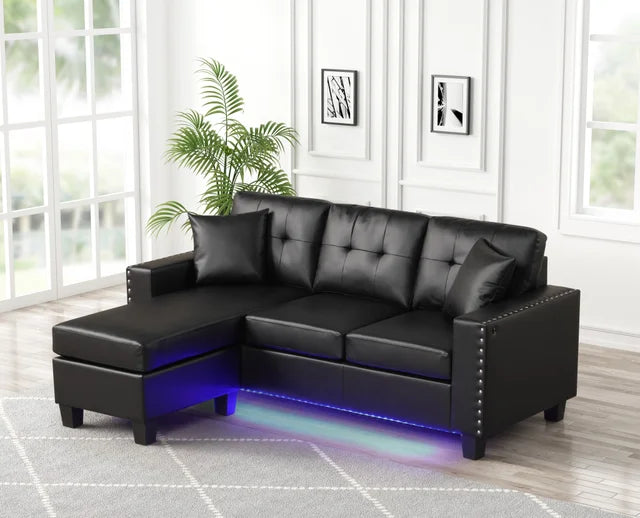 Messi Black Faux Leather 74 - Reversible Sectional LED Lights Underneath USB Port
