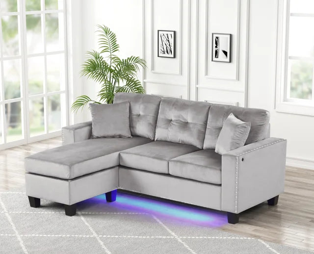 Messi Grey Velvet 74 - Reversible Sectional - LED Lights Underneath - USB Port